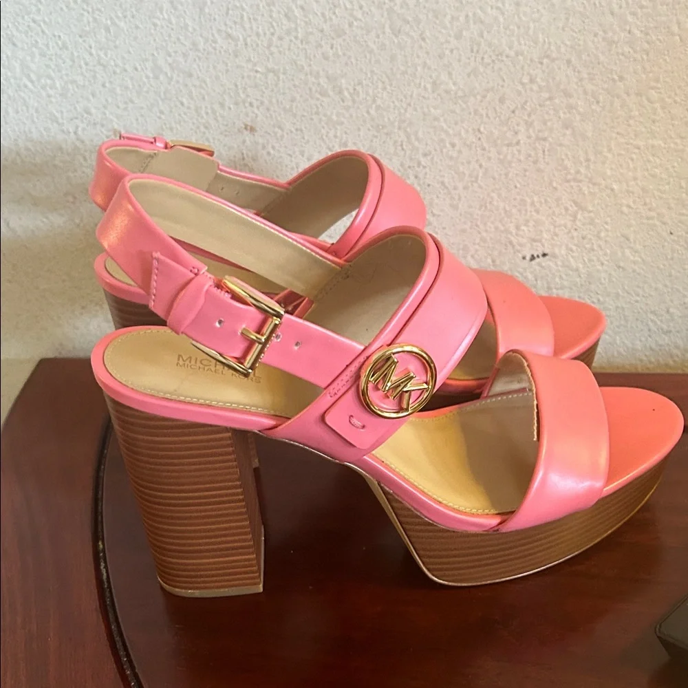 Michael Kors Coral Pink Platform Block Heel Sandals - Picture 4 of 7
